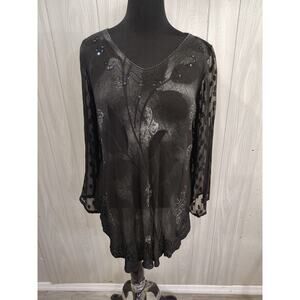 Greater Good Tunic Top Size S / M Black Butterflies Semi Sheer Asymmetric Whimsy